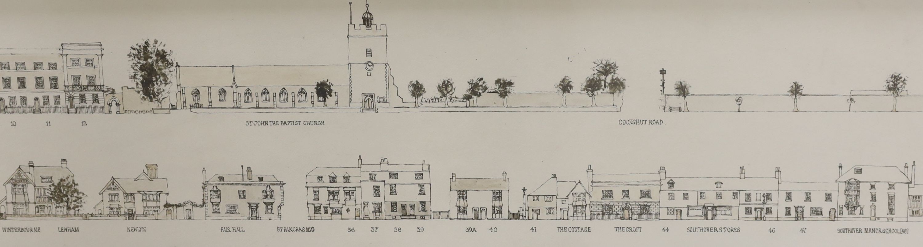 Gough, pen and ink, Priory Crescent and Southover High Street, Lewes, signed and dated 1964, 17 x 184cm